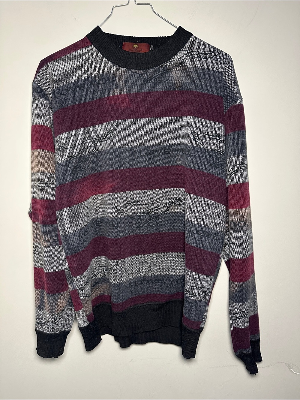 I love you Burgundy and Gray Striped Crewneck bleached Sweater
